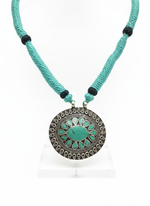 KrishnaCrafts Sterling Silver Turquoise Floral Statement Pendant Necklace Mala