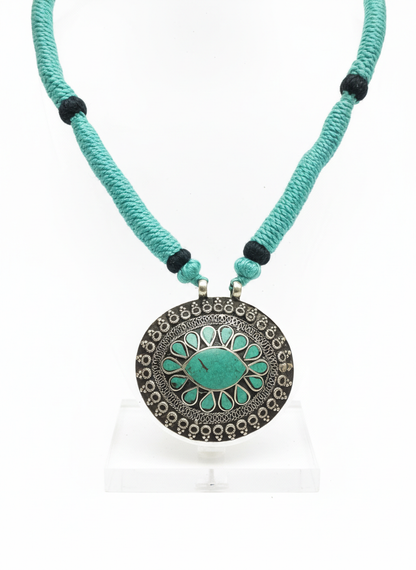 KrishnaCrafts Sterling Silver Turquoise Floral Statement Pendant Necklace Mala