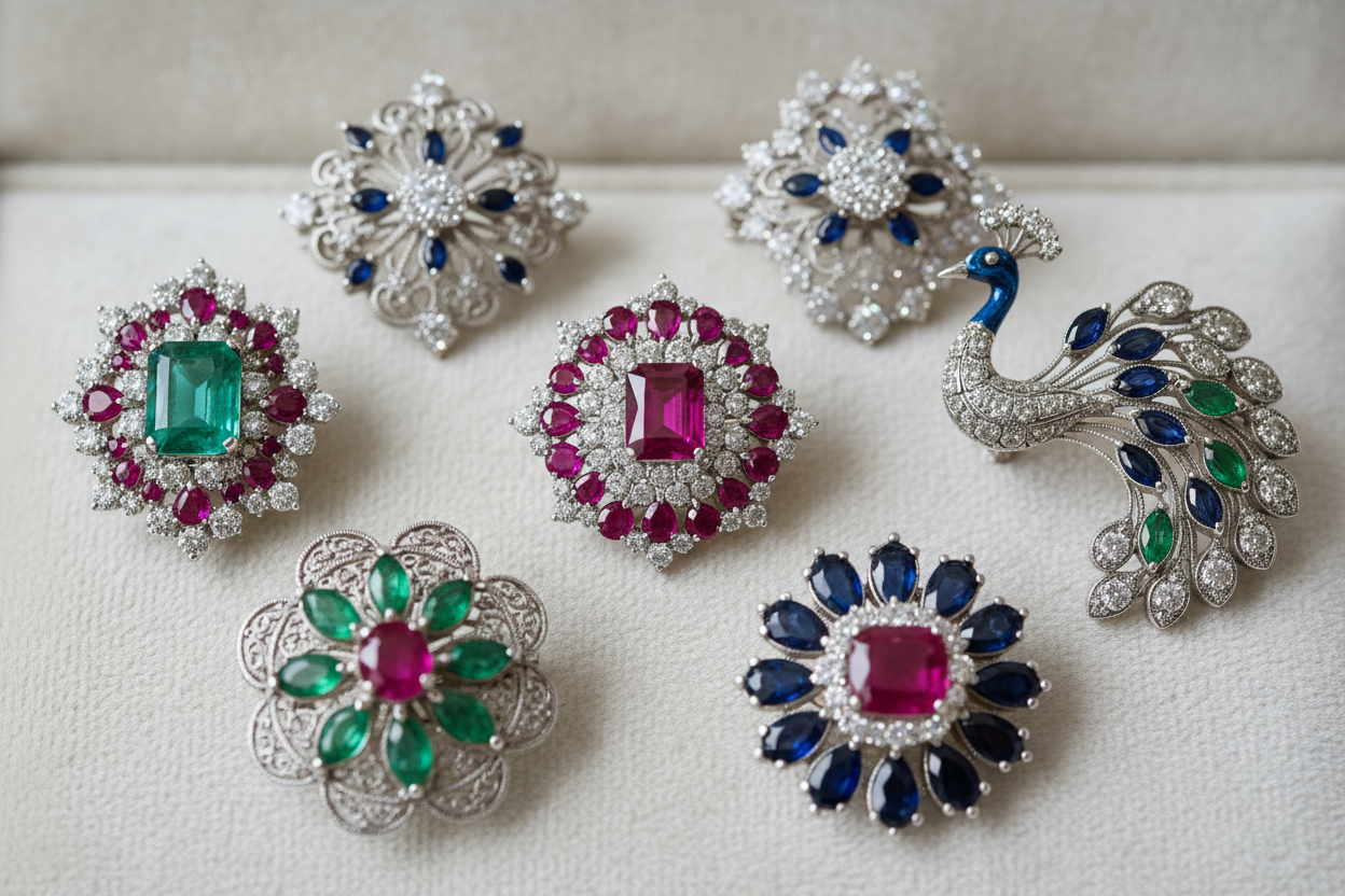 silver brooches with gems