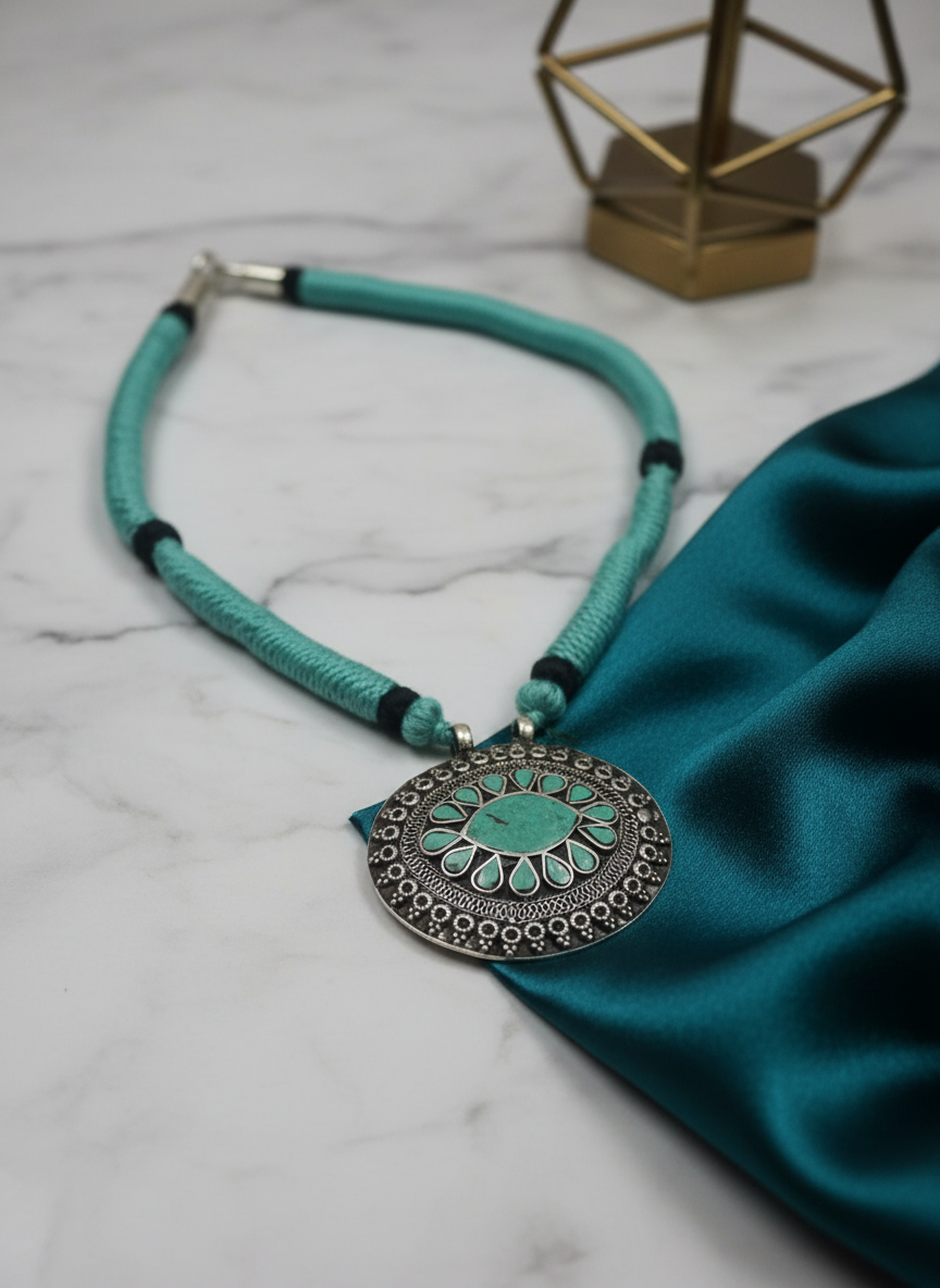 KrishnaCrafts Sterling Silver Turquoise Floral Statement Pendant Necklace Mala